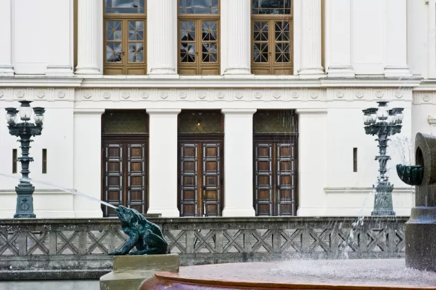 Universitetshuset och fontänen framför. Foto.