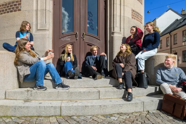 Studenter sitter på en trappa i solen. Foto.