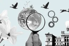 Graphic elements of globe, flowers, university building, light bulb etc. Illustration.